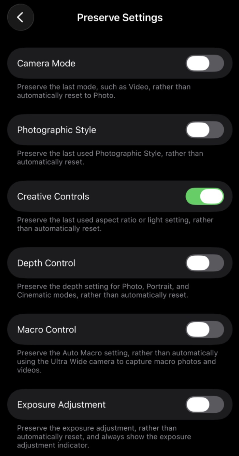 iPhone Settings, Camera, Preserve Settings screen with Camera Mode, Creative Controls, and Exposure Adjustment toggled on